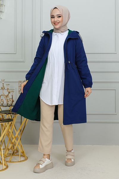 Moda Ebva Waist Tied Hooded Trench Coat-1905 Indigo