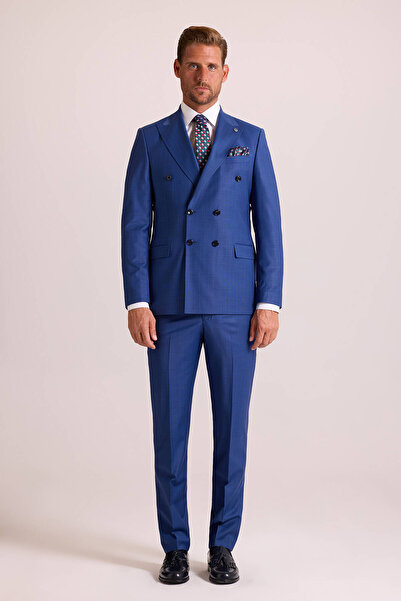 Ysf Erkek Mavi Regular Fit Kruvaze Takım Elbise