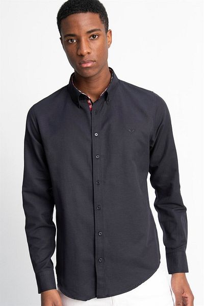 Tudors Navy Blue ανδρικό πουκάμισο Oxford - λεπτή εφαρμογή, μακρύ μανίκι, γιακάς με κουμπιά