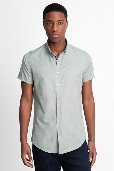 Tudors Ανδρικό βαμβακερό μπλουζάκι Oxford Green Slim Fit - Easy Iron, κοντό μανίκι, γιακάς με κουμπιά