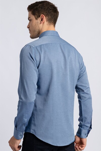 Tudors Ανδρικό πουκάμισο Oxford Texture Slim Fit - Μακρυμάνικο, Εύκολο στο Σιδέρωμα, Μπλε, Γιακάς με Κουμπιά