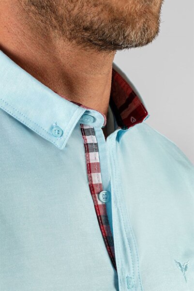 Tudors Erkek Slim Fit Dar Kesim Uzun Kollu Pamuklu Oxford Doku Turkuaz Düğmeli Yaka Gömlek