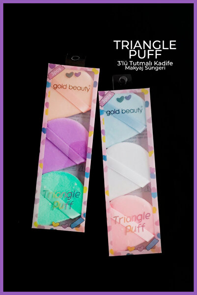 Gold Beauty 3'lü Tutmalı Kadife Makyaj Süngeri, (Yıkanabilir) - Pudra, Fondöten, BB Krem Uygulama-Triangle Puff