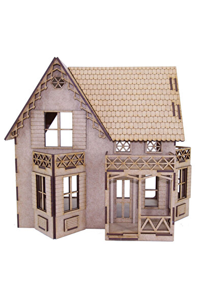 Mavi Doku İki Katlı Villa Ev - Model 2, 3D Ahşap Puzzle Maketi