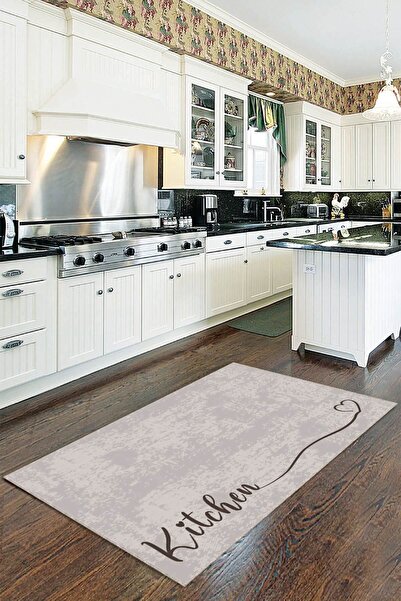 Viva Home Bej Kaymaz Tabanlı Kitchen Yazılı Mutfak Halısı Yolluk VH090