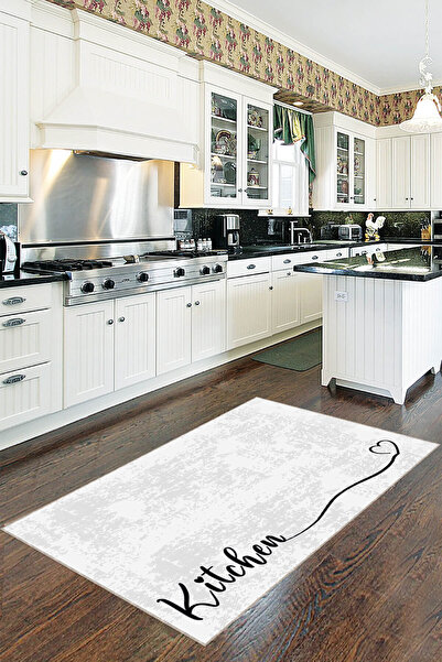 Viva Home Beyaz Kaymaz Tabanlı Kitchen Yazılı Mutfak Halısı Yolluk VH087