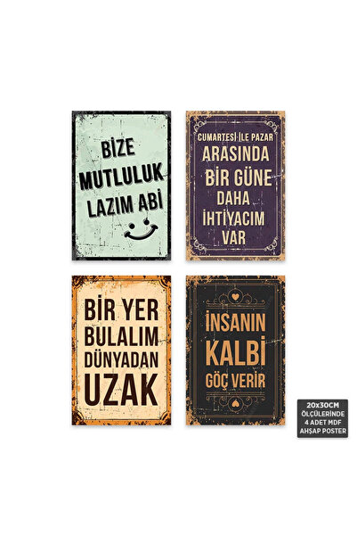 Hayal Poster PS1004 - Türkçe Retro Mdf Ahşap Poster Set (4 Adet - 20x30cm)