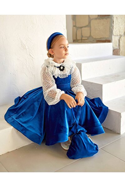 PİXİNADELUXE Kolları Tüllü Vintage Kız Çocuk Kadife Elbise