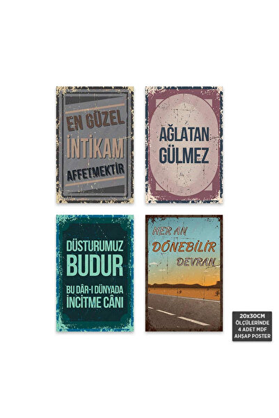 Hayal Poster PS1006 - Türkçe Retro Mdf Ahşap Poster Set (4 Adet - 20x30cm)
