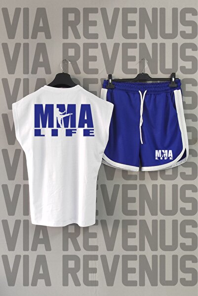 Vordevia تيشيرت رياضي أبيض برقبة دائرية وأكمام مطبوعة من MMA Life وطقم شورت رياضي أزرق