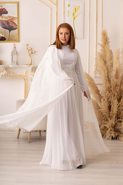Modamartı Star Evening Dress - Chiffon Hijab Evening Dress with Shoulder Cape