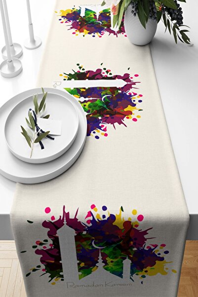 Pelangi Ramadan Kareem Renkli Boyalı Leke Tutmaz Kumaş Salon Mutfak Masa Deği...