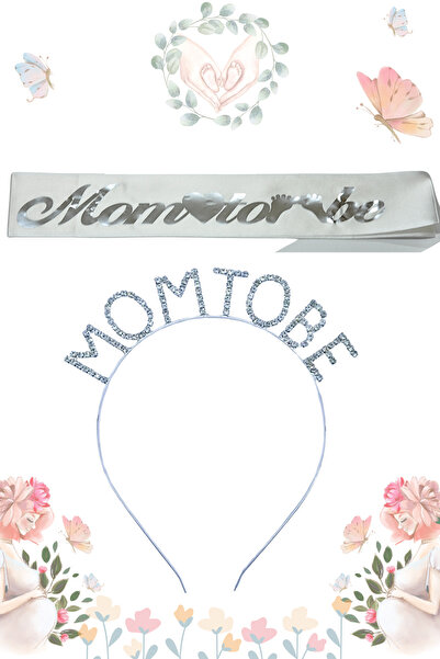 Larenya Mom To Be Metal Taç Ve Kuşak & Baby Shower Set & Beyaz Gümüş Kuşak Taşlı Gümüş Taç