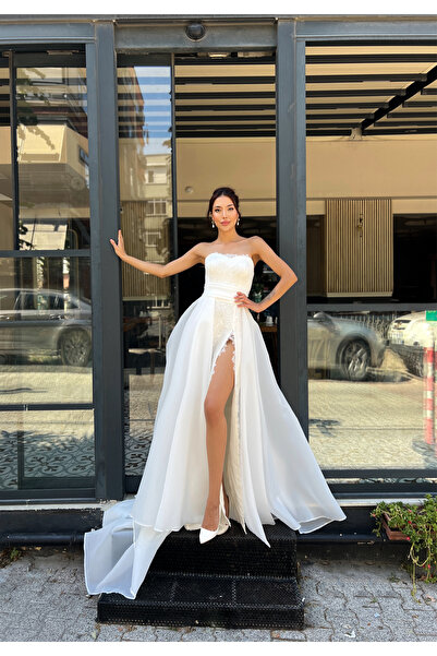 elbisenvarmı Yırtmaçlı Fransız Dantel Gelinlik