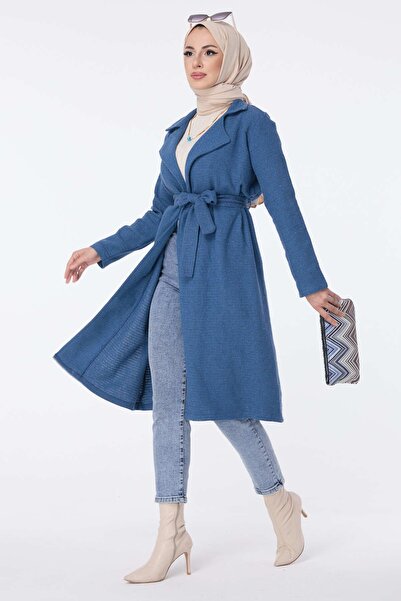 TOFİSA Women's Blue Trench Straight Jacket Collar - 13030