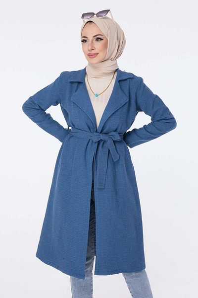TOFİSA Women's Blue Trench Straight Jacket Collar - 13030