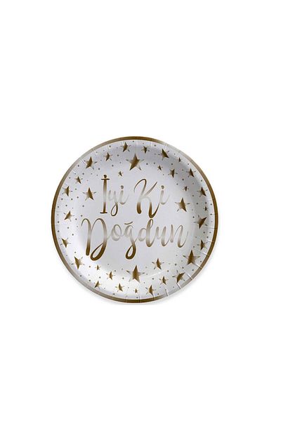 TT Tahtakale Toptancıları White Happy Birthday - 23 CM, 6 Pieces, Gold Foil Printed Cardboard Plate