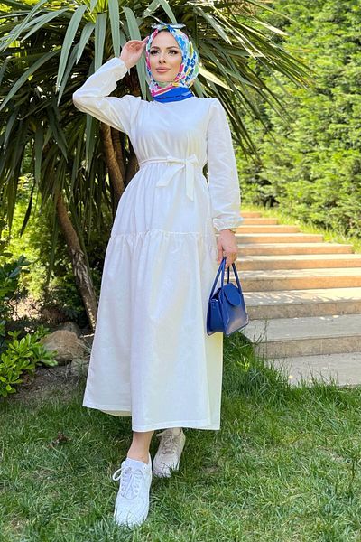 TOFİSA Ecrufarbenes Damenkleid – schlichter Rundhalsausschnitt – 11599