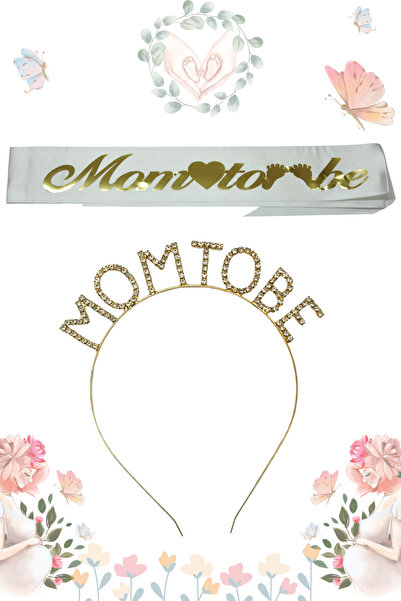 Larenya Mom To Be Metal Taç Ve Kuşak & Baby Shower Set & Beyaz Altın Kuşak Taşlı Altın Taç