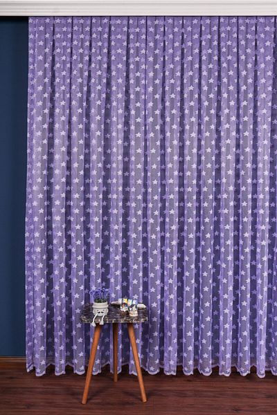 elision home Purple Color Star Pattern Knitted Tulle Curtain, 300x260cm, 1/2,5 Normal Pleat, Elıon01741