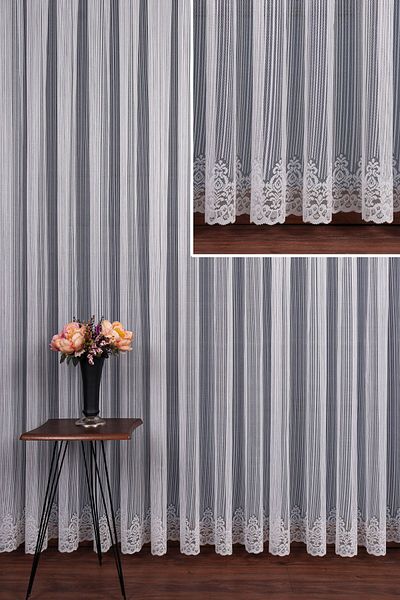 elision home Striped Skirt Damaks Pattern Knitted Tulle Curtain 350x250cm (1/3) Tight Pleat Elıon00781