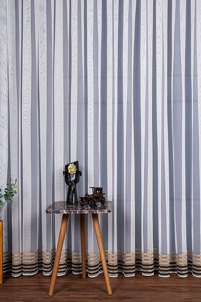 elision home Grek Floor Skirt End Mink Striped Tulle Curtain, 300x260cm, 1/2,5 Normal Pleat, Elıon02141
