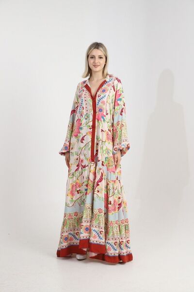 BEJNA Dámské tkané Maxi šaty s květinovým vzorem na knoflíky