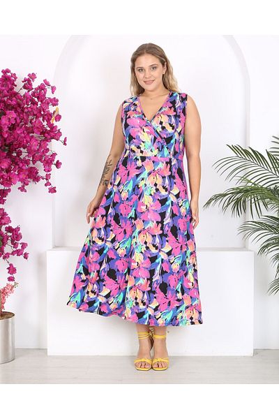 Butik Nilyam Plus Size Double Breasted Collar and Watercolor Print Maxi Sleeveless Dress - 24134