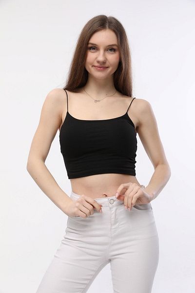BEJNA Μαύρο Crop Tank Top - Γυναικεία Μπλούζα με λουράκι από σχοινί και ένθετο στο στήθος