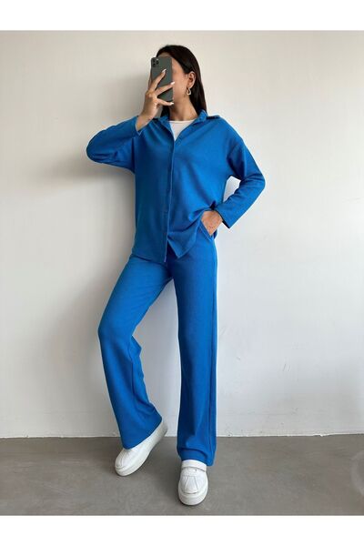 BEJNA Women's Blue Twist Textured Bottom Top Shirt Set