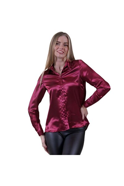 Exve Exclusive Claret Red Lightly Flowing Back Gusseted Satin Woven Women's Shirt