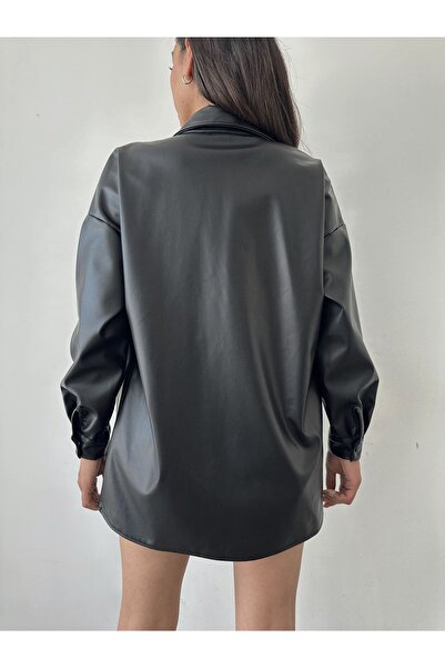 BEJNA Women's Black Pocket Faux Leather Jacket Shirt