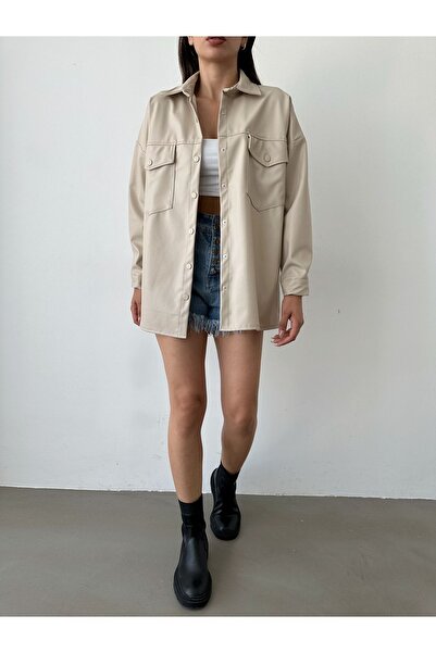 BEJNA Dámská košile Ecru Pocket Faux Leather Jacket