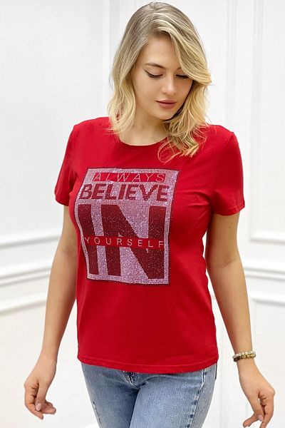 RICH GLAM Written Crystal Stone Large Size Crew Neck Short Sleeve Cotton Comfortable Stylish Red Women's T-Shirt T-Shirt