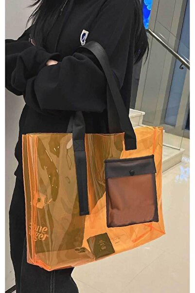 Woys Bags Turuncu Renk PVC Kumaş Su Geçirmez Kadın Plaj Çantası - Cep Detaylı Şeffaf Plaj Çantası