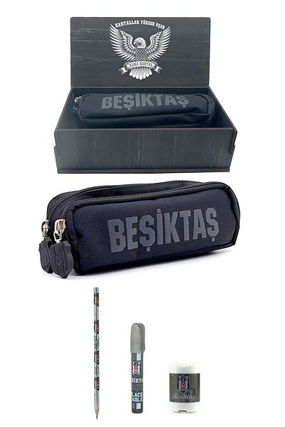 Beşiktaş 3-Piece Pen Holder Set with Wooden Box - 2-Compartment Box