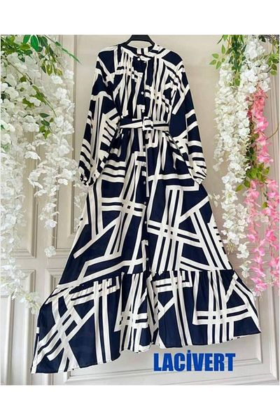 UMS CONCEPT Patterned and Belted Falcon Dress - Buttoned, Model No: 2308-0001