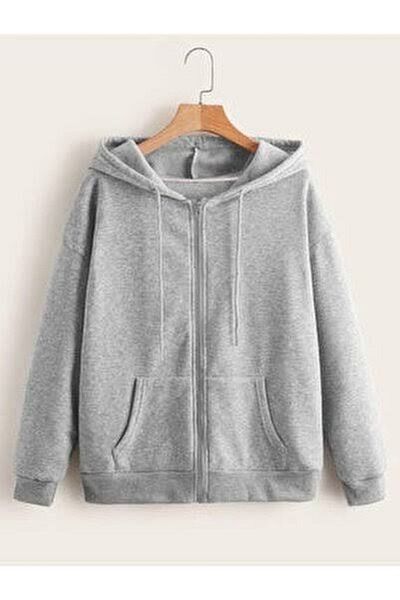 SILATU Cardigan unisex gri cu glugă cu fermoar
