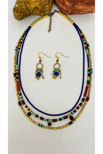 Porsuk Alternatif El yapımı Afgan boncuk kadın kolye küpe set