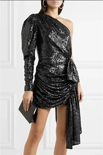 Madame Lucid Büyük Beden Pullu Payetli Tek Omzu Açık Bel Detaylı Siyah Mini Elbise