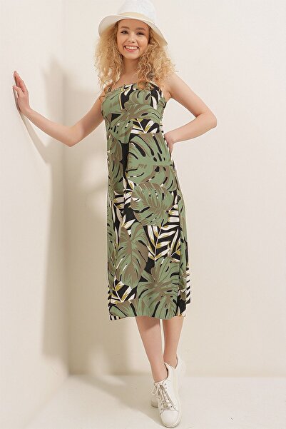 HAKKE Green Big Palm Pattern Zippered Women's Dress