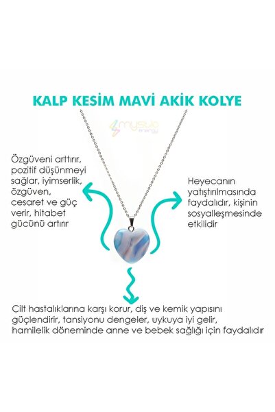 Mystic Energy Sertifikalı Doğal Taş Mavi Akik Kalp Kesim Kolye | Hediyelik Do...
