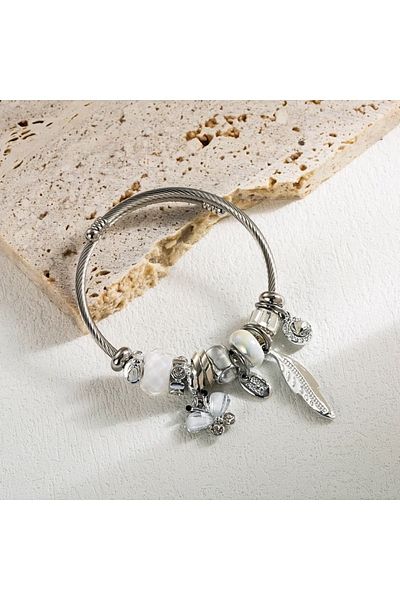 Jeros Accessories Steel Bracelet with White Butterfly and Leaf Charm