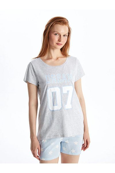 LC Waikiki Set de pijamale pentru femei LCW DREAM cu mânecă scurtă cu imprimeu cu decolteu rotund