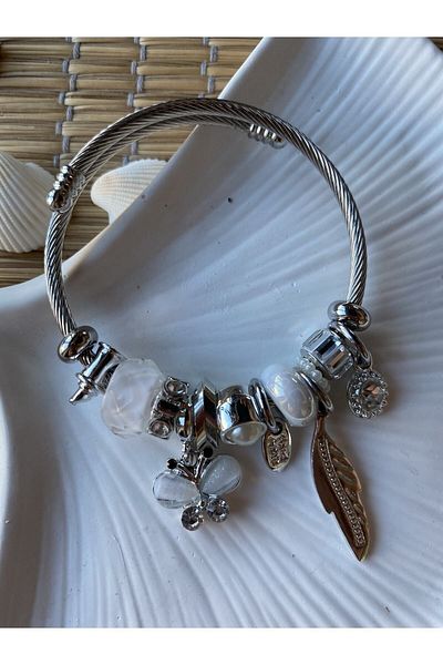 Jeros Accessories Steel Bracelet with White Butterfly and Leaf Charm