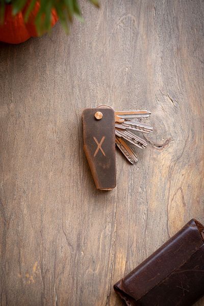 minimal X design Leather Keychain V 3-4 Key Capacity - Tan Crazy - Minimalist Design