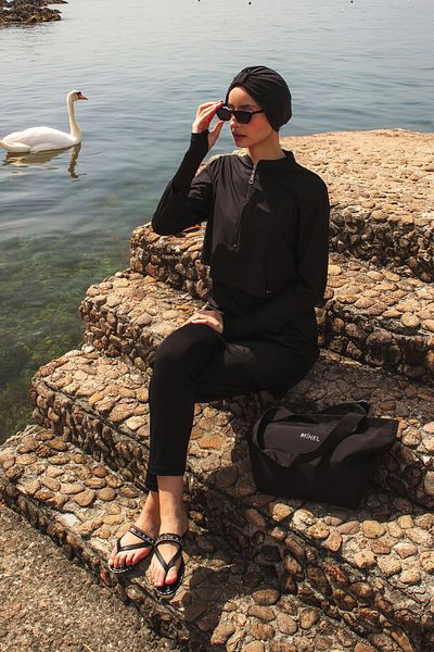 Minel Μαύρο Hijab Μαγιό - Γυναικείο Σετ 2 K-047