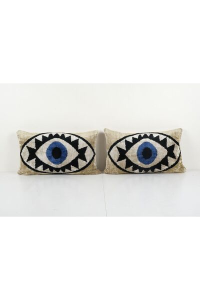etnikbulvar Beyaz Renkli Göz Desenli Kadife Ikat Yastık Kılıfı (İÇLİKSİZDİR)