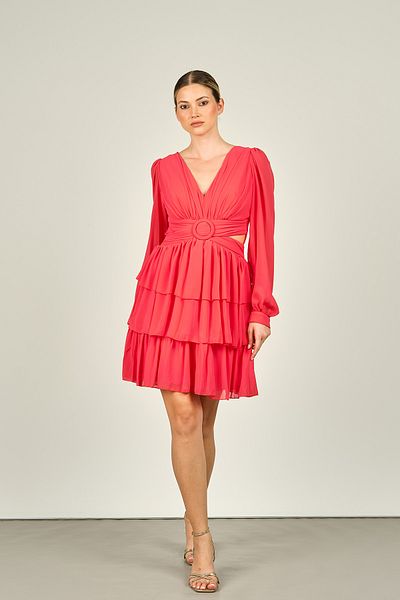 Dans Coral Colored Women's Evening Dress - Window Detailed and Layered Skirt 1298