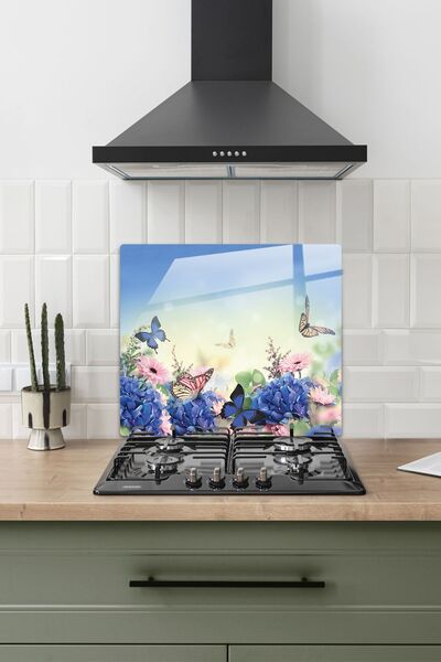 ALİN DİZAYN Cam Ocak Arkası Koruyucu Renkli Kelebekler 52cm X 60cm